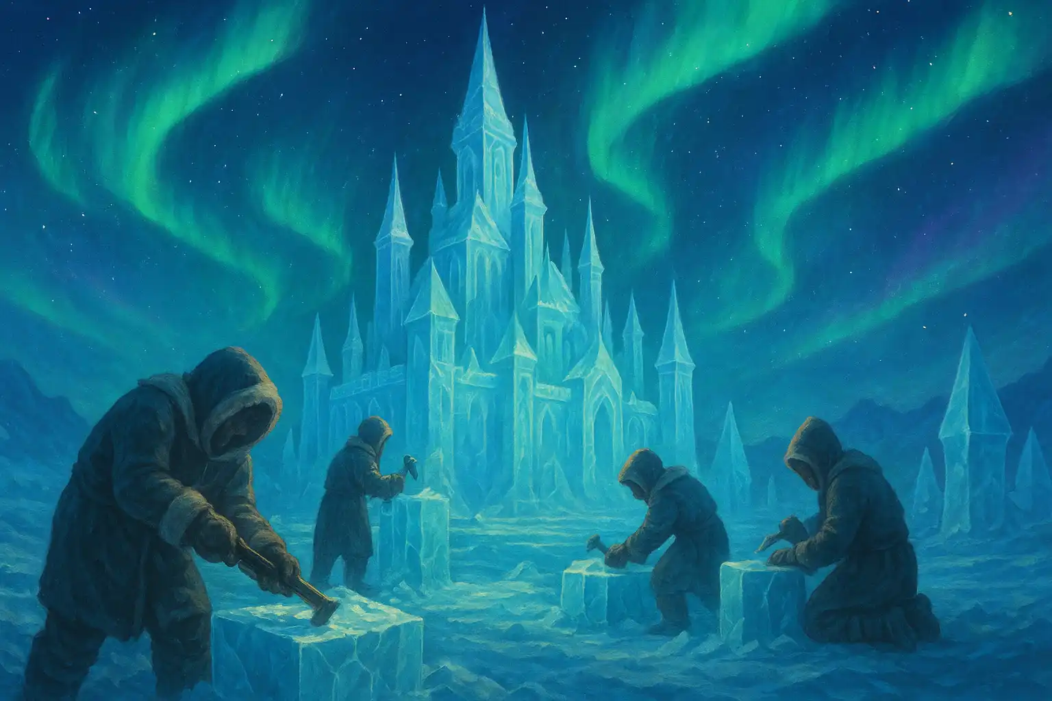 Ice fortress architects carving the Betarctica Casino citadel under aurora skies