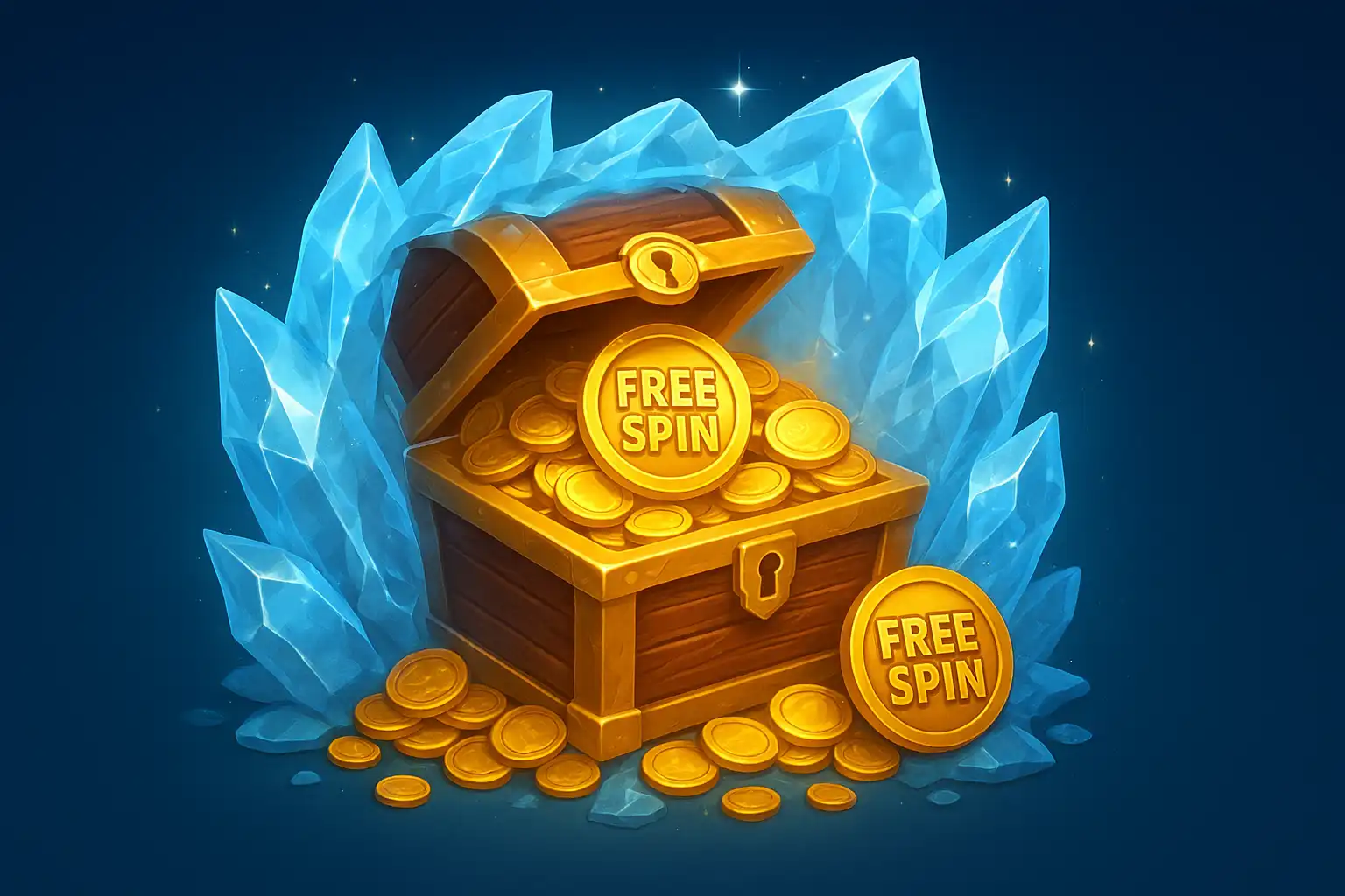 Treasure chest of coins and free spin tokens encased in sparkling ice crystal