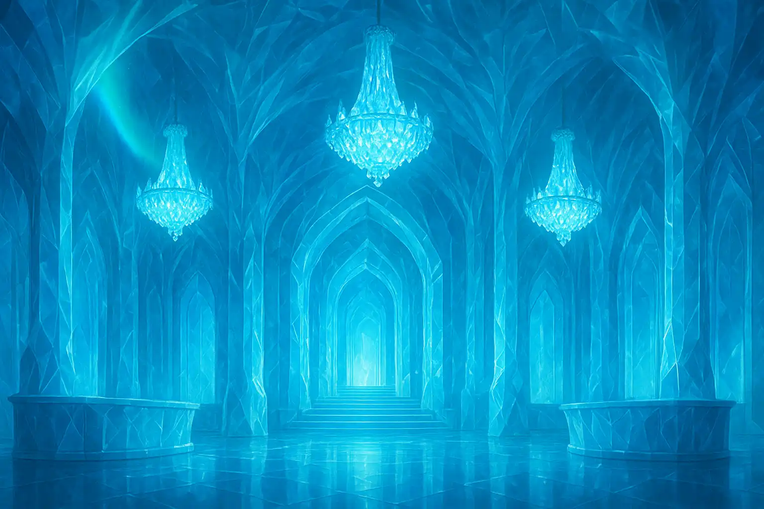 Glowing crystal lobby inside the Betarctica Casino ice fortress
