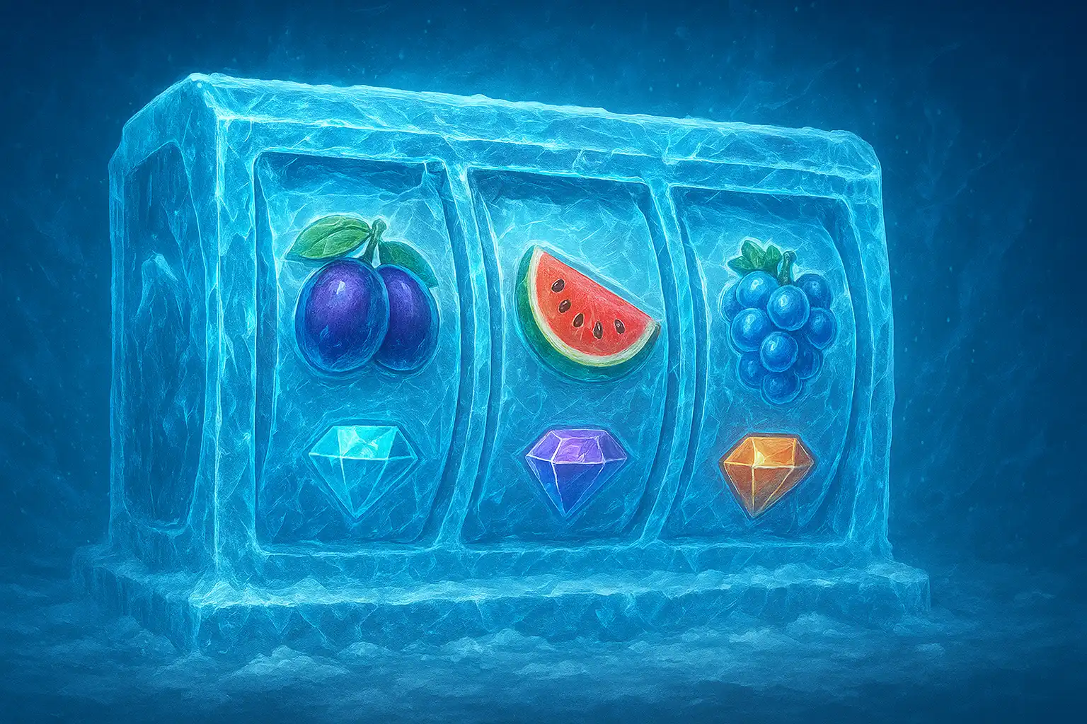 Glowing ice-carved slot machine reels inside the Betarctica Casino citadel